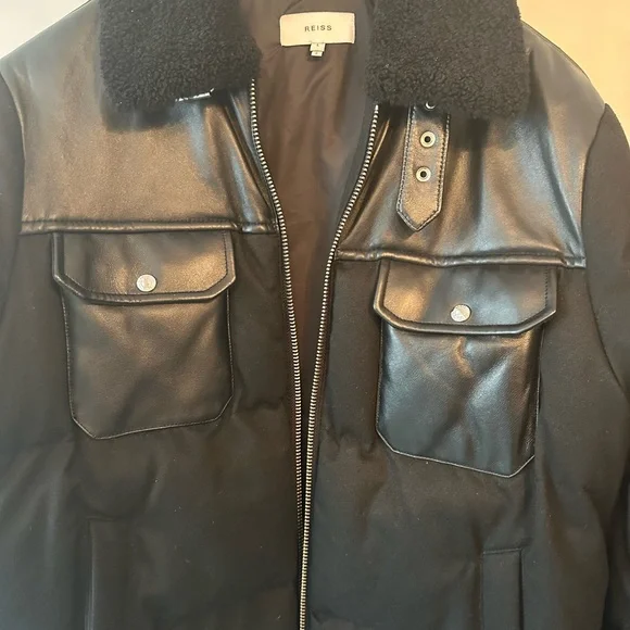 Reiss Black Leather-Trim Puffer Jacket - Picture 2 of 9
